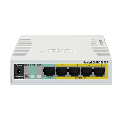 Коммутатор MikroTik RB260GSP with 5 Gigabit ports and SFP cage, SwOS, plastic case, PSU, POE-OUT