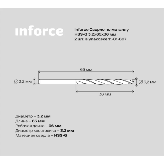 Сверло по металлу HSS-G 2 шт; 3.2х65х36 мм Inforce 11-01-667