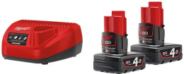 Энергокомплект Milwaukee M12 NRG-402 4933459211 Li-ion, для строительного инструмента, совместим с Milwaukee, 12 В, 4 А·ч, с индикатором заряда, напряжение зарядного устройства: 12 В, 2 аккумуляторных блока M12 B4, зарядное устройство C12 C