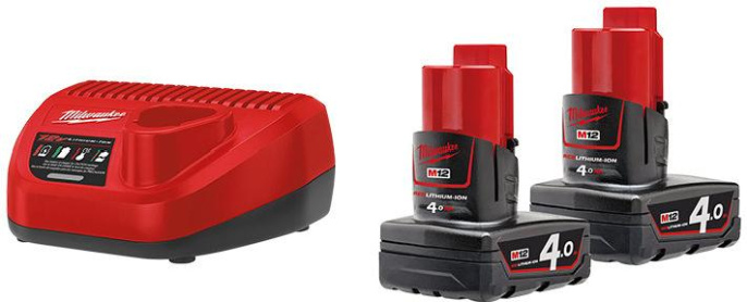 Энергокомплект Milwaukee M12 NRG-402 4933459211 Li-ion, для строительного инструмента, совместим с Milwaukee, 12 В, 4 А·ч, с индикатором заряда, напряжение зарядного устройства: 12 В, 2 аккумуляторных блока M12 B4, зарядное устройство C12 C