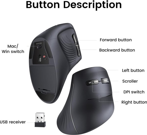 Беспроводная компьютерная мышь вертикальная UGREEN MU008 25444 Wireless Vertical Mouse 2.4 GHz&BT. Цвет: черный (25444_)