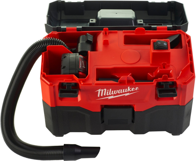 Пылесос Milwaukee M18 VC2 4933464029 строительный, объем пылесборника: 7.5 л, пылесборник: аквафильтр + контейнер, питание: аккумулятор, выдув, всасывание жидкостей, без регулировки мощности, шум: 70 дБ