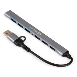 USB-Хаб концентратор 7-в-1 ExeGate DUB-761C3 кабель-адаптер USB Type-A + Type-C -- 6xUSB2.0, 1xUSB3.0, Plug&Play, серебристый EX299790RUS