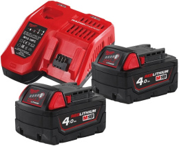Энергокомплект Milwaukee M18 NRG-402 4933459215 Li-ion, для строительного инструмента, совместим с Milwaukee, 18 В, 4 А·ч, с индикатором заряда, напряжение зарядного устройства: 12-18 В, 2 аккумуляторных блока M18 B4, зарядное устройство M12-18 FC