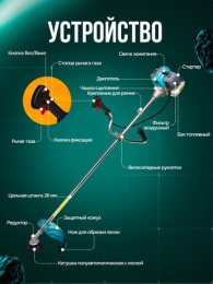 Триммер бензиновый GPT TBC-521 двухтактный, 2200 Вт, оснастка: леска+металлический нож, ширина скашивания: 25.5-44 см, легкий пуск, 8.4 кг
