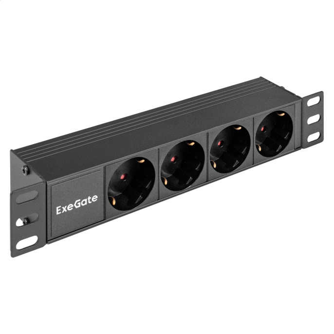 Блок розеток 10" с разъемом C14 ExeGate ServerPro PDU-10H401 Al-4S-C14 10", 1U, Алюминий, 4*EU/Тип F Schuko , C14, ШхВхГ : 274х45х45 мм, черный, RTL EX298596RUS