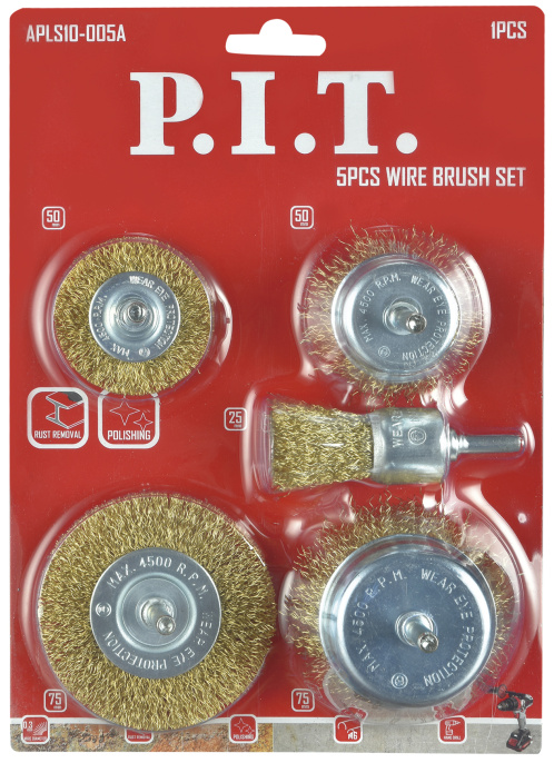 Набор щеток P.I.T. APLS10-005A 5 шт, латунированная витая проволока, хвостовик 6 мм