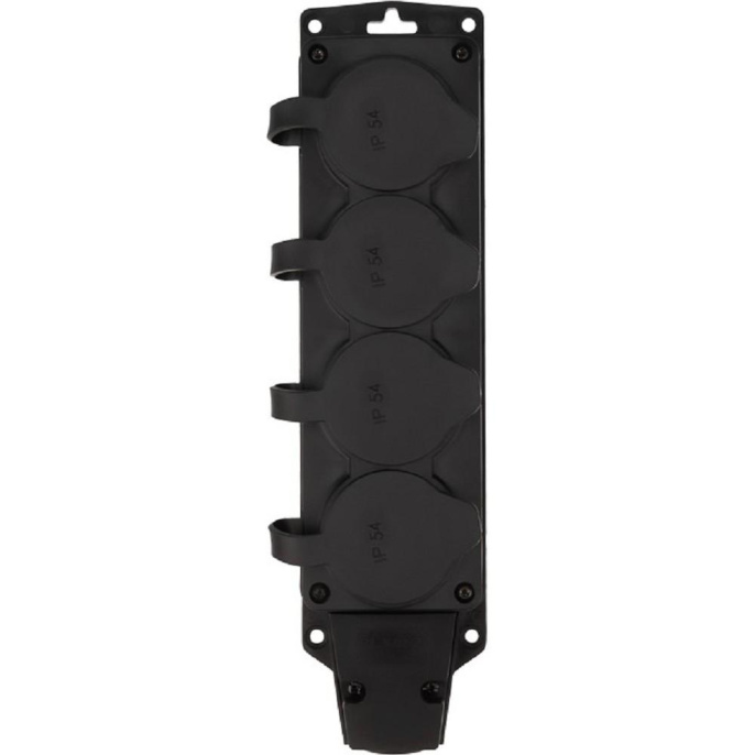 Rexant 111-224 Розетка колодка влагозащищенная с крышкой 4 гнезда COMPACT, с/з, 16А, IP54, каучук, черная