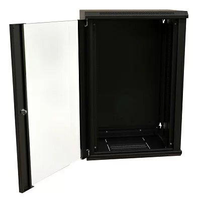 Шкаф коммутационный WRline (WR-TW-2266-GP-RAL9004) настенный 22U 600x600мм пер.дв.стекл 2 бок.пан. 60кг черный 520мм 1086мм IP20 сталь