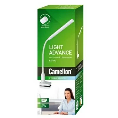 Camelion KD-793 C01 белый LED ((Свет-к настол.,6 Вт,зажим-струбцина,230В,сенс.вкл-е,4 ур.ярк,4000К)