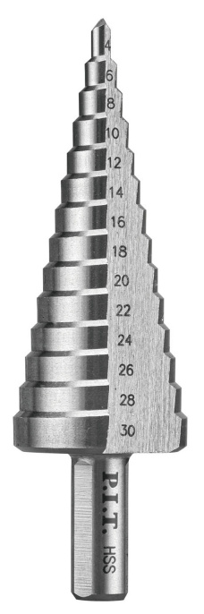 Сверло P.I.T. AMED08-0430 по металлу ступенчатое, Ø4-30мм, 14 ступеней с шагом 2мм, HSS