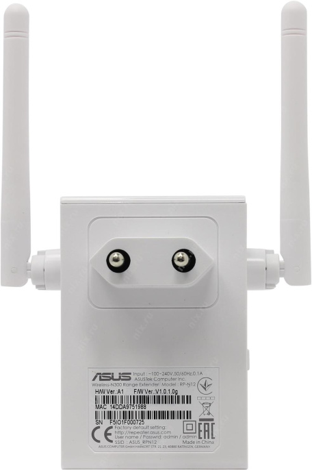 Точка доступа Репитер ASUS RP-N12 Range Extender/Access Point UTP 100Mbps, 802.11b/g/n, 300Mbps, 2x2dBi