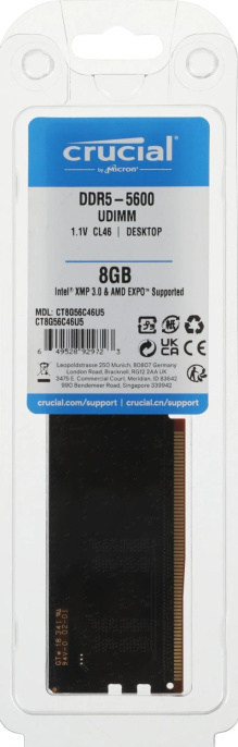 Модуль памяти Crucial 8GB DDR5 5600 DIMM Classic Non-ECC, CL46, 1.1V, RTL CT8G56C46U5
