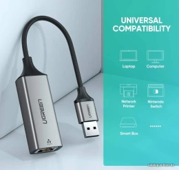 Переходник UGREEN CM209-50922 USB-A 3.0 to RJ45 F , Gigabit Ethernet скорость сети до 1 Гбит/с, Скорость USB 3.0 до 5 Гбит/с, Светодиодные индикаторы, Алюминиевый корпус