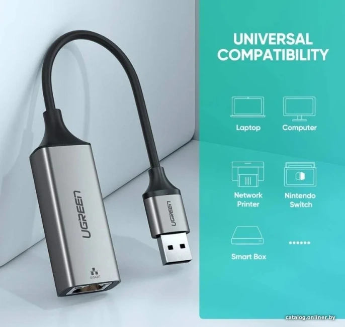Переходник UGREEN CM209-50922 USB-A 3.0 to RJ45 F , Gigabit Ethernet скорость сети до 1 Гбит/с, Скорость USB 3.0 до 5 Гбит/с, Светодиодные индикаторы, Алюминиевый корпус