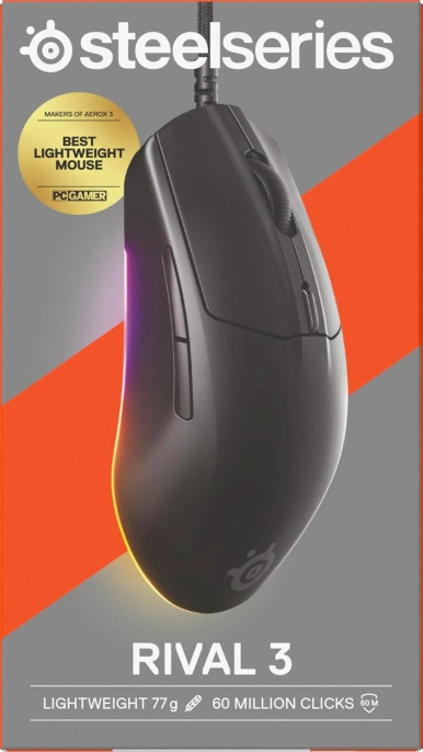 Мышь проводная SteelSeries Rival 3 Gen 2, игровая, оптическая, USB, 8500dpi, черный [62515]