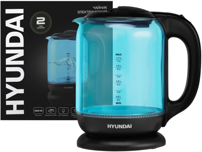 Чайник электрический Hyundai HYK-G2806 1.7л. 2200Вт голубой/черный корпус: стекло