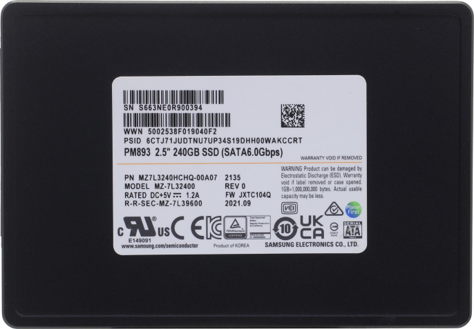 SSD накопитель Samsung PM893 MZ7L3240HCHQ-00A07 240ГБ, 2.5", SATA III, SATA, oem
