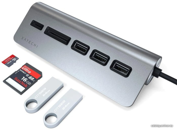 USB-концентратор Satechi Type-C USB Hub & Micro/SD Card Reader. Интерфейс USB-C. 3 порта USB 3.0 , слоты для карты памяти. Цвет серый космос. (ST-TCHCRM)