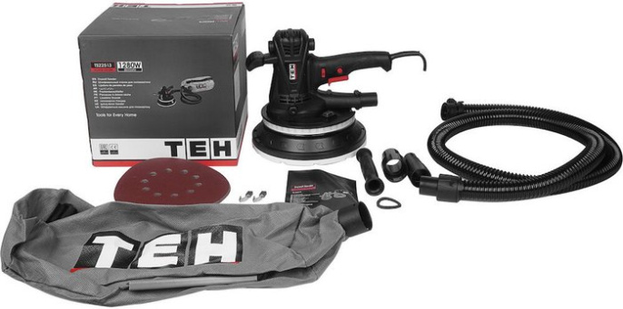 Шлифмашина для стен и потолков TEH TS22513 (мощность: 1280 Вт, 1400-2600 об/мин, диаметр шлифплатформы: 215 мм, регулировка оборотов, подсветка, мешок для сбора пыли)