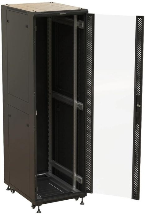 Шкаф серверный Hyperline TTBR-4261-AS-RAL9004 напольный 42U 600x1000мм пер.дв.стекл задн.дв.спл.стал.лист 2 бок.пан. 800кг черный 910мм 128.2кг 2055мм IP20 сталь