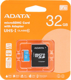 Карта памяти microSDHC UHS-I U1 A-Data Premier 32 ГБ, 85 МБ/с, 10X, Class 10, AUSDH32GUICL10A1-RA1,  1 шт., переходник SD