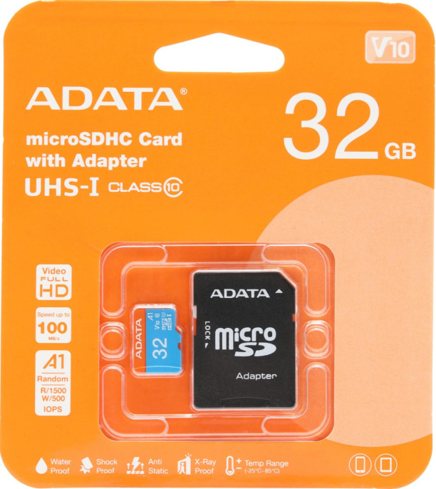 Карта памяти microSDHC UHS-I U1 A-Data Premier 32 ГБ, 85 МБ/с, 10X, Class 10, AUSDH32GUICL10A1-RA1,  1 шт., переходник SD