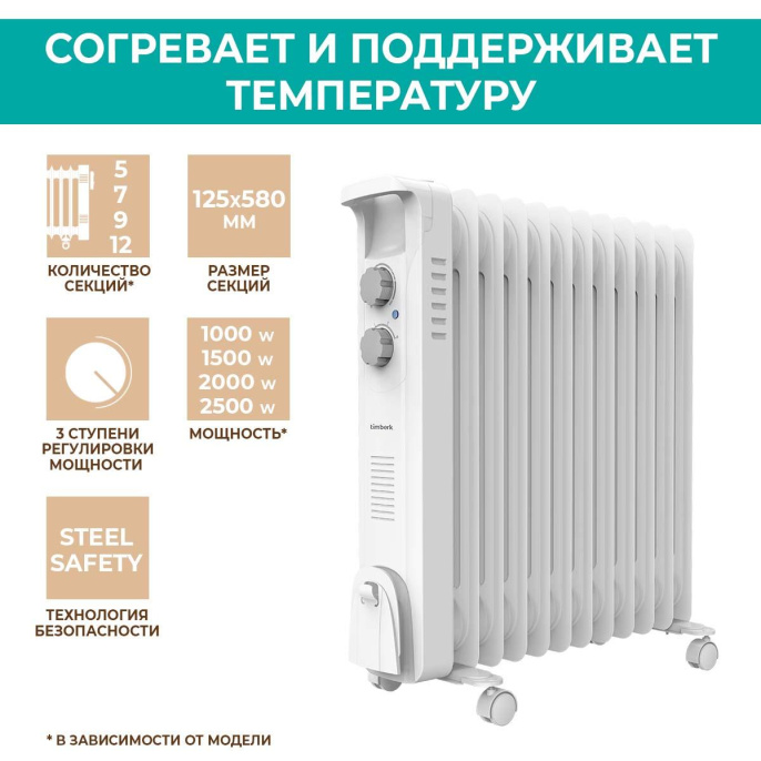 Радиатор масляный Timberk TOR 21.1507 BC 1500Вт белый