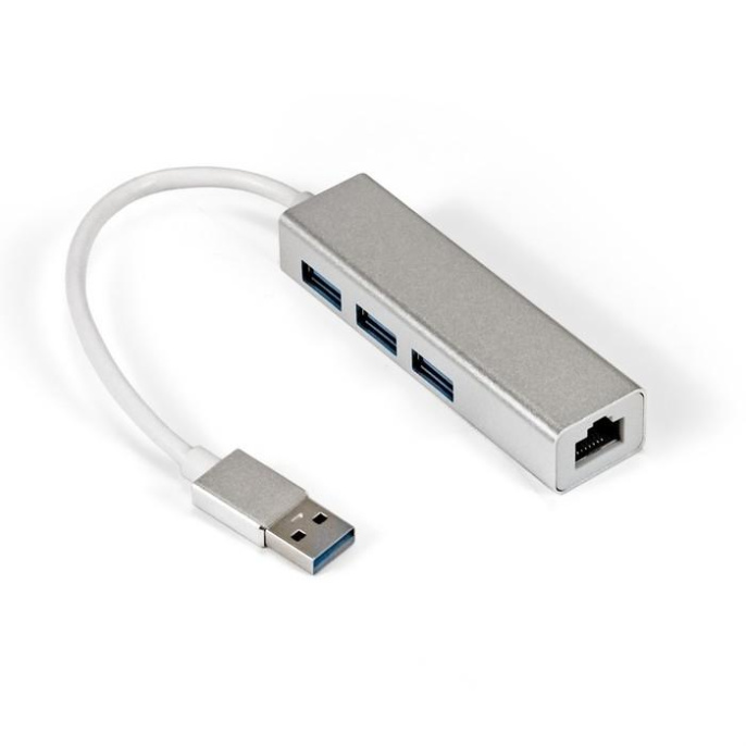 Кабель-адаптер ExeGate EXE-77U3T-45 USB3.0 -- 3xUSB3.0 + 1xRJ45 UTP 1000Mbps RTL8153, корпус алюминиевый, серебристый EX294185RUS