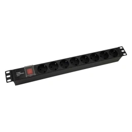 Блок розеток NTSS 19", 1U, алюминий, 1ф10A, 2.3кВт, (8) Schuko CEE 7/7, выкл. с подсв.и крыш., вх. 60320 С14 NTSS-PDU-DA1016