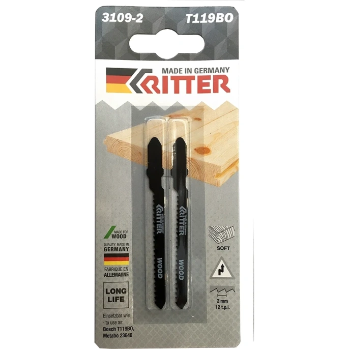 Пилки для лобзиков по дереву Eco Т119BO CrV, 75х50 мм, шаг 2 мм, 12 TPi, 2 шт RITTER PS17121192