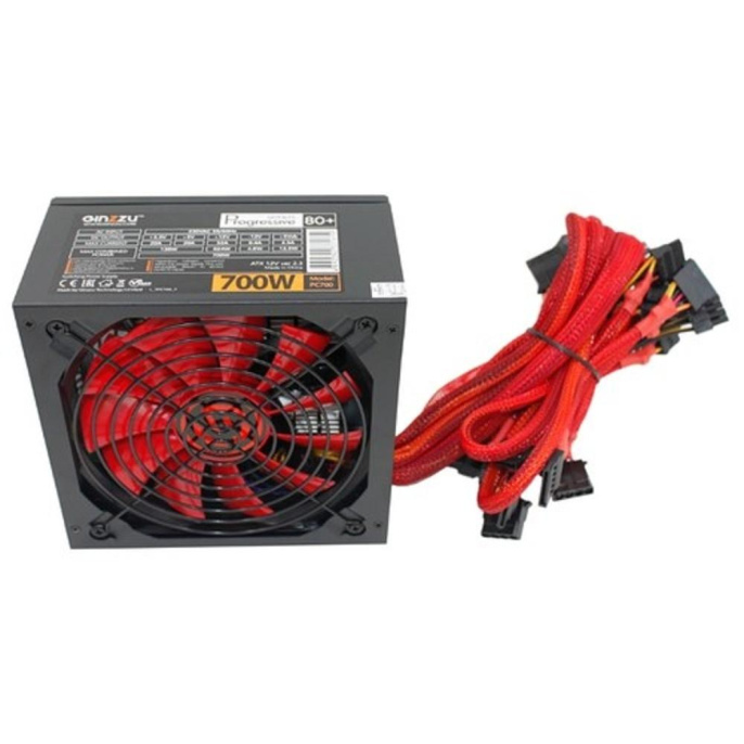Ginzzu PC700 14CM Red 80+ black,APFC,24+4p,2 PCI-E 6+2 , 7*SATA, 4*IDE,оплетка, кабель питания,цветная коробка