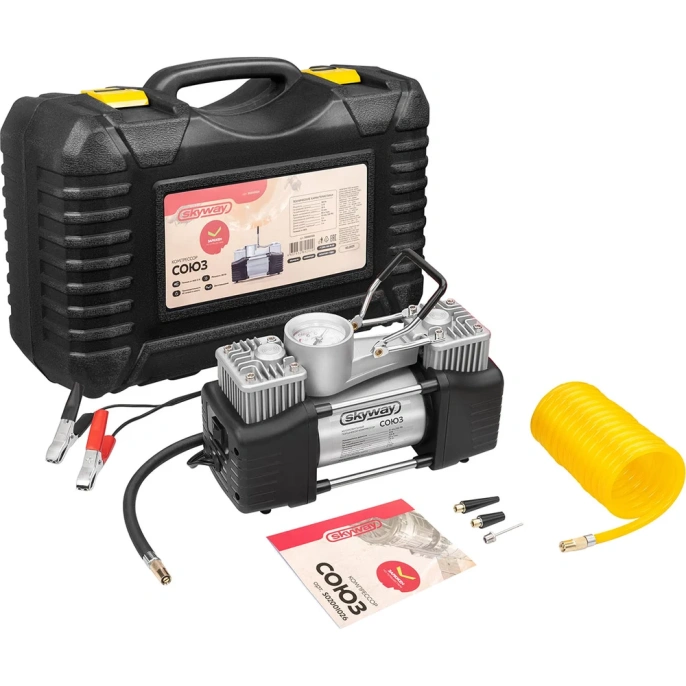 Компрессор металлический SKYWAY 60л/мин 2х поршневой с крокодилами СОЮЗ 10 АТМ, в кейсе S02001026