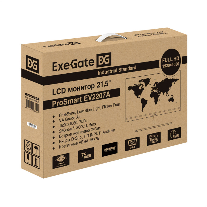 Монитор с аудио 21.5" ExeGate ProSmart EV2207A (VA LED Grade A+, FHD, 1920x1080@75Гц, 16:9, 280cd/m2, 3000:1, 178°/178°, 5ms, Speakers, D-Sub, HDMI, audio-in, FreeSync, Flicker-free, Low Blue Light, кабель HDMI 1.5м, VESA, регулировка наклона (tilt), черн