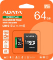 Карта памяти microSDXC UHS-I U3 A-Data Speed Plus 64 ГБ, 160 МБ/с, Class 10, UD64GUI3V30A2SP-RA1,  1 шт., переходник SD