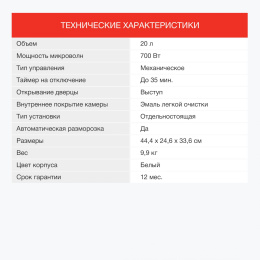 Микроволновая печь StarWind SWM6520, 700Вт, 20л, белый