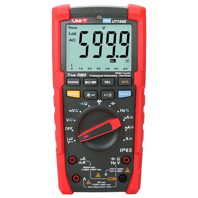 Профессиональный мультиметр UNI-T UT195E Напряжение постоянного/переменного тока 1000 В ; постоянный/переменный ток 20А ; Сопротивление 60 МОм ; Емкость 60 мФ ; Частота 10 МГц