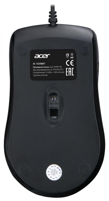 Мышь проводная Acer OMW136, оптическая, USB, 1200dpi, черный [zl.mceee.01a]