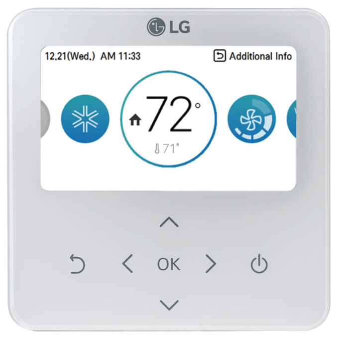 Проводной пульт LG PREMTB101 дисплей: 4.3" TFT LCD 480x272 , функции: управление режимами охлаждение, обогрев, вентиляция, осушение , таймеры, блокировка, контроль энергопотребления, датчики движения, внешнее статическое давление