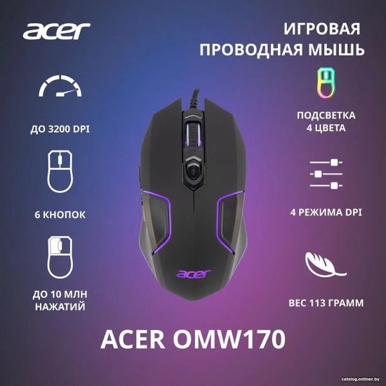 Мышь Acer OMW170 черный оптическая 3200dpi USB 6but ZL.MCEEE.00R